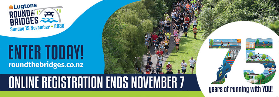 Pukete Board creative. Lugtons Round the bridges. Enter Today! roundthebridges.co.nz. Online registration ends November 7. 75 years of running with you!