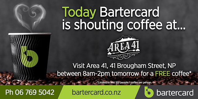 Hobson Board creative. Today Bartecard is shouting coffee at Area 41. 067695042, bartercard.co.nz