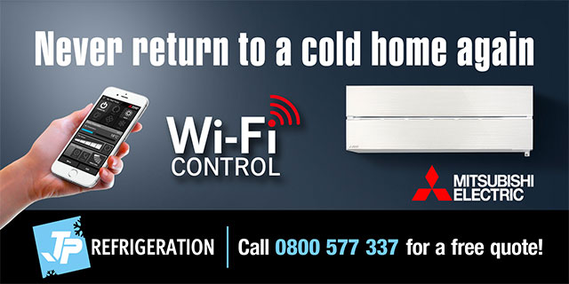 Hobson Board creative. Never return to a cold home again, Mitsubishi Electric with wifi control. JP Refrigeration. Call 0800 577 337 for a free quote!